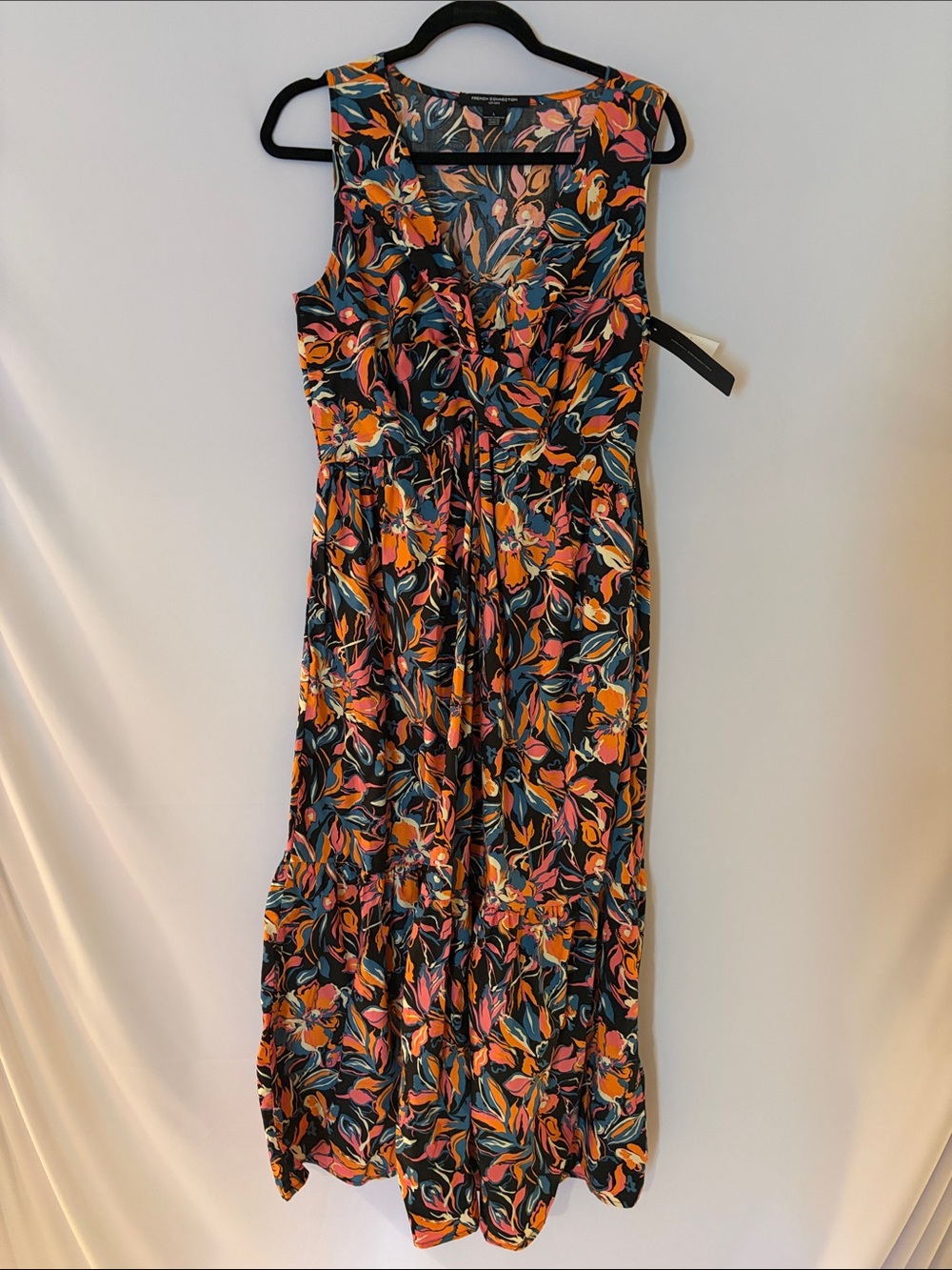 French Connection NWT 100% Cotton Maxi Dress w/Orange, Pink, Teal Floral -Sz L